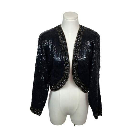 Vintage 80s Black Sequin Bolero Jacket With Gold Trim & Long Sleeves Sz XS/S - Picture 1 of 6